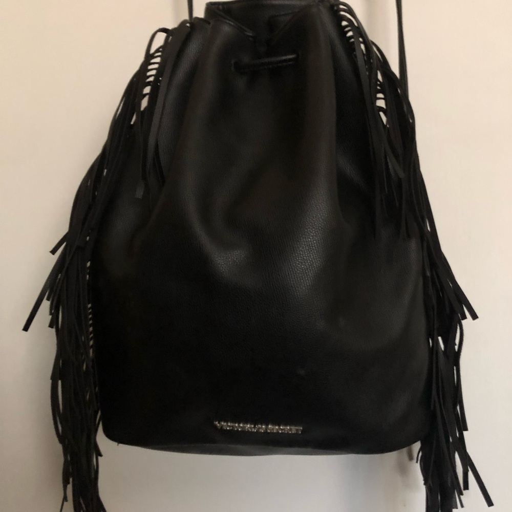 Victoria's Secret  Women’s Backpack With Fringe Pull String Faux Leather  Black - Picture 4 of 8